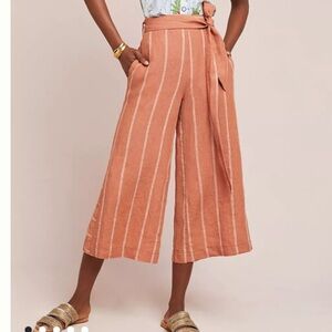 Anthropologie Pull On Belted Cropped Linen Blend Salmon / Cherry Stripe Pants